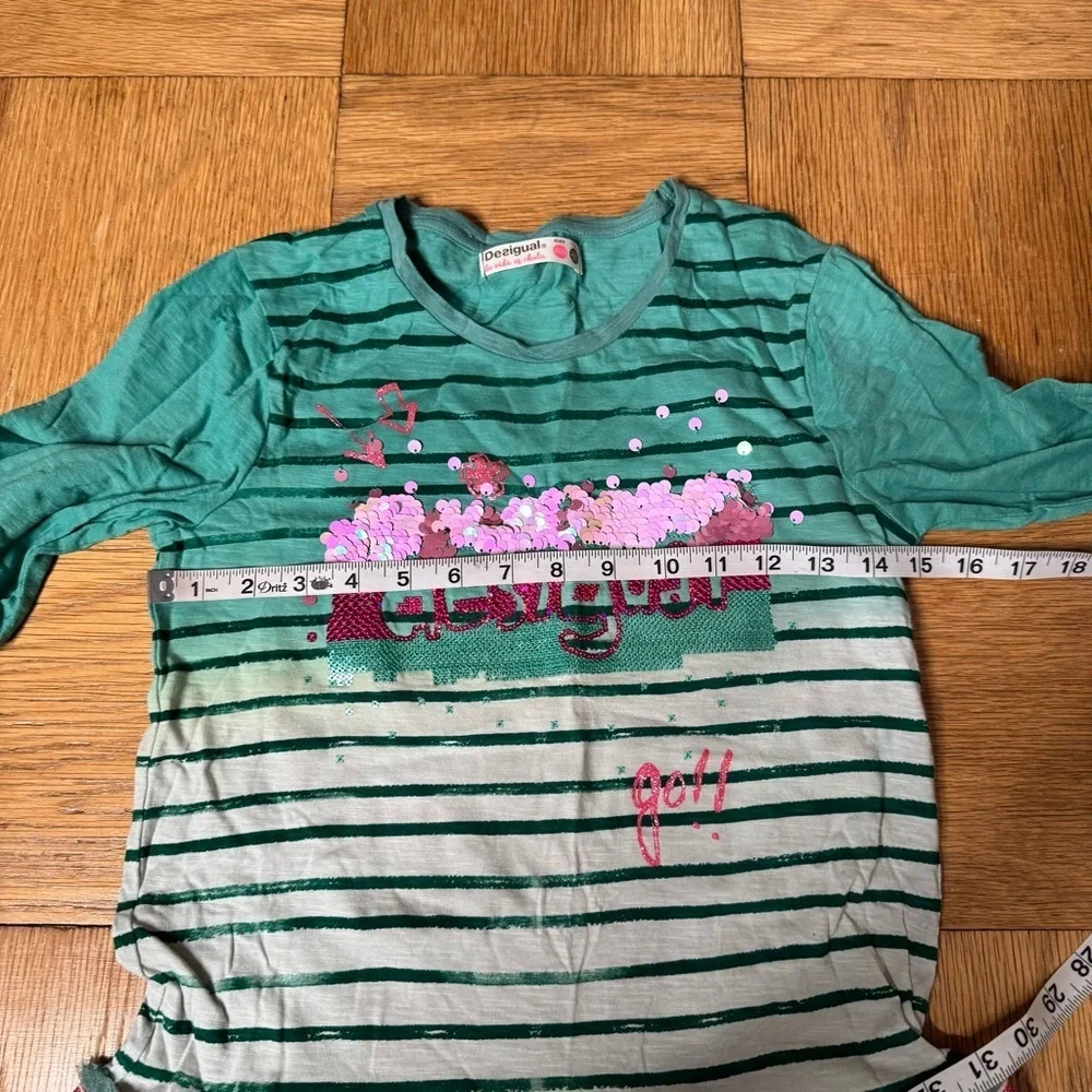 Desigual Girls Kids Dress Teal Green Striped Tulle Skirt Sparkles Long Sleeve
